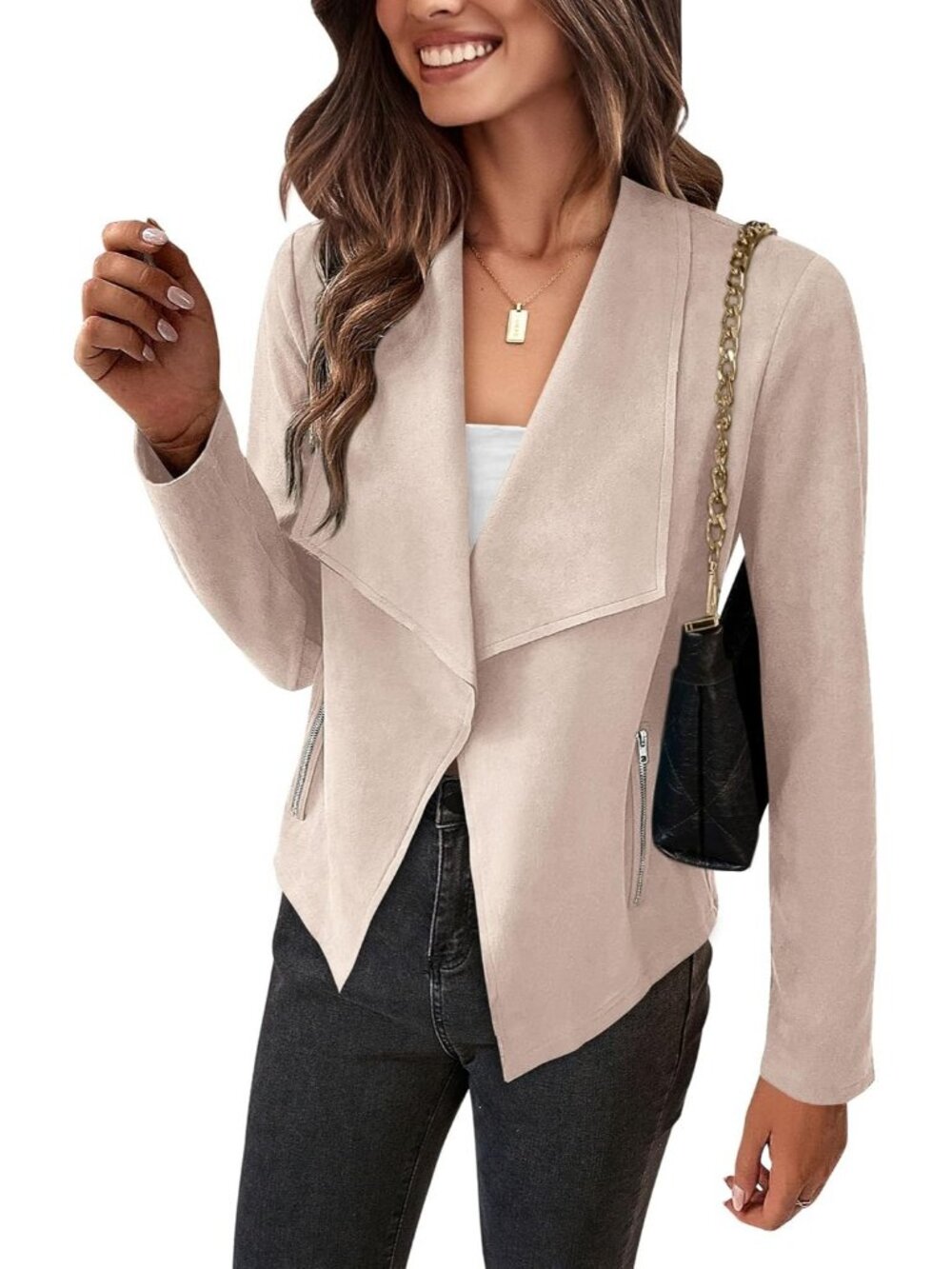Women's Beige Faux Suede Open Front Waterfall Collar Long Sleeve Draped Jacket